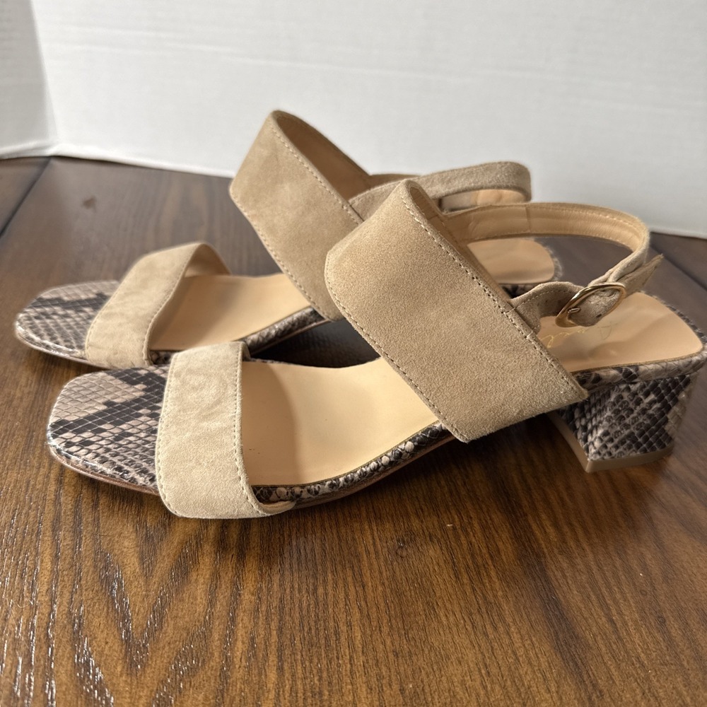 Avellini Snakeskin-Print Block Heel Sandals Size 8 Minimalist Earthy Neutral